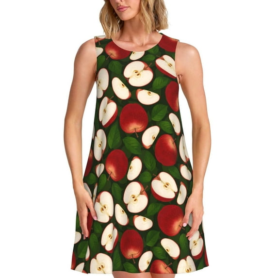 Lsque Red Fruit Pattern Summer Dresses for Women – Sleeveless T-Shirt Swing Sundress, Perfect for the Beach and Casual Days