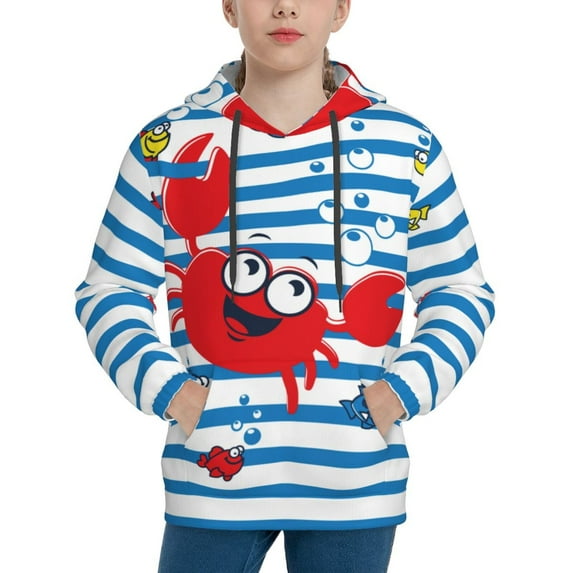 Lsque Red Funny Crab on Blue Stripe Patten Youth Hoodie Sweatshirt Pullover with Kangaroo Pocket Boys and Girls Hoodie Warm Hoodie for Kids-Small