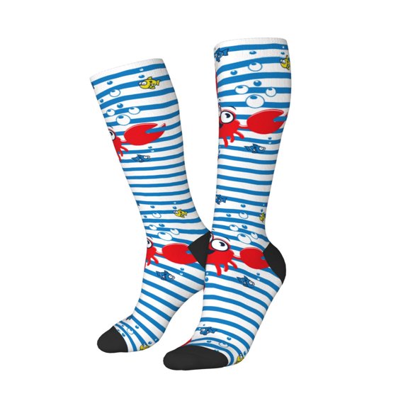 Lsque Red Funny Crab on Blue Stripe Printed Crew Socks Men's Women's LightWeight Thin Casual Calf Socks ,Knee High Socks,Cotton Socks