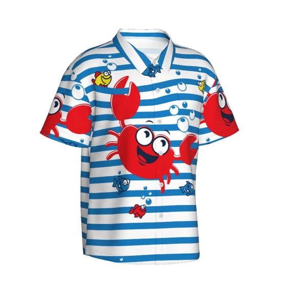 Lsque Red Funny Crab on Blue Stripe pattern Hawaiian Shirt for Men, Unisex Summer Beach Casual Short Sleeve Button Down Shirts-3X-Large
