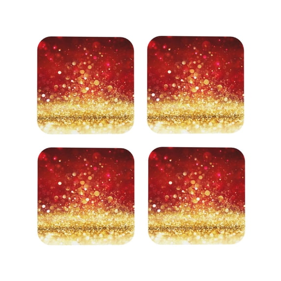 Lsque Red Gold Glitter Pattern 4" Drink Coasters Set of 4, PVC Leather Absorbent Coasters, Table Coaster Set Decorative Coffee Cup Coasters Housewarming Gift -Square