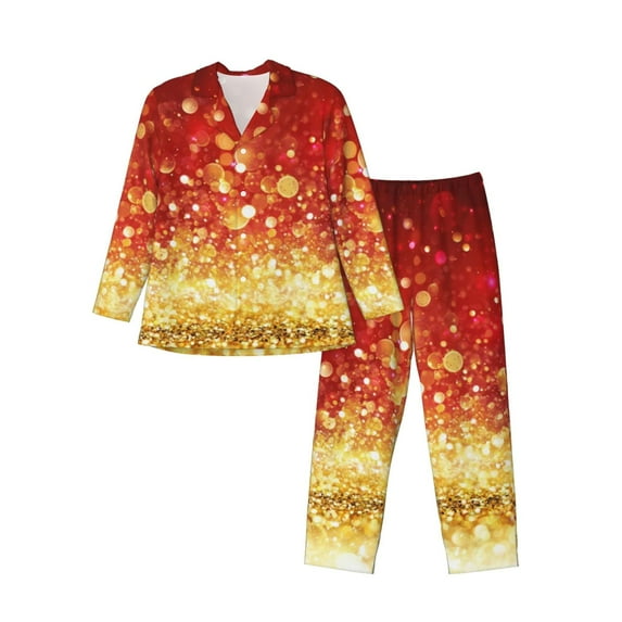 Lsque Red Gold Glitter Pattern Long Sleeve Pajama Set for Men - Soft 2-Piece Sleepwear and Loungewear Set with Pockets, Comfy Nightwear-Small