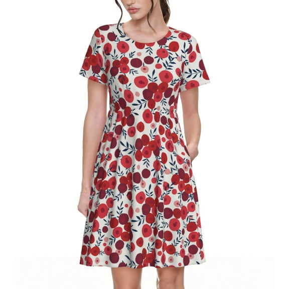 Lsque Red Hawthorn Print Women's Casual Dress T-Shirt Summer Short Sleeve Scoop Neck Swing Dresses