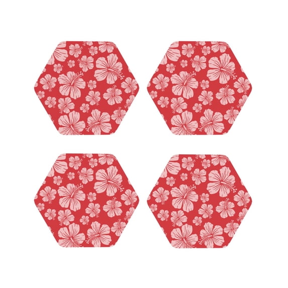 Lsque Red Hibiscus Flower Pattern 4" Drink Coasters Set of 4, PVC Leather Absorbent Coasters, Table Coaster Set Decorative Coffee Cup Coasters Housewarming Gift -Hexagon