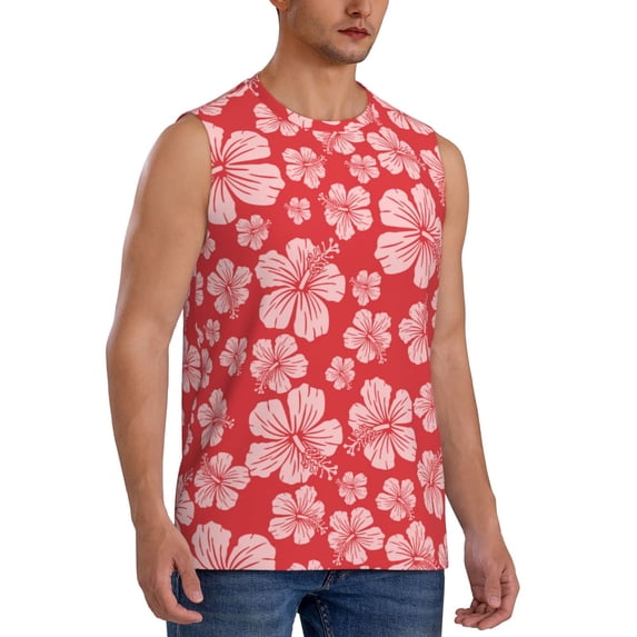 Lsque Red Hibiscus Flower Print Men's Cotton Blend Sleeveless Muscle Shirts (S-3XL)- Moisture Wicking, Odor Protection, UPF 30+,3X-Large