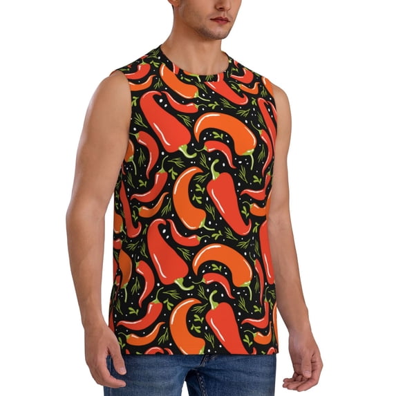 Lsque Red Hot Chili Print Men's Cotton Blend Sleeveless Muscle Shirts (S-3XL)- Moisture Wicking, Odor Protection, UPF 30+,XX-Large