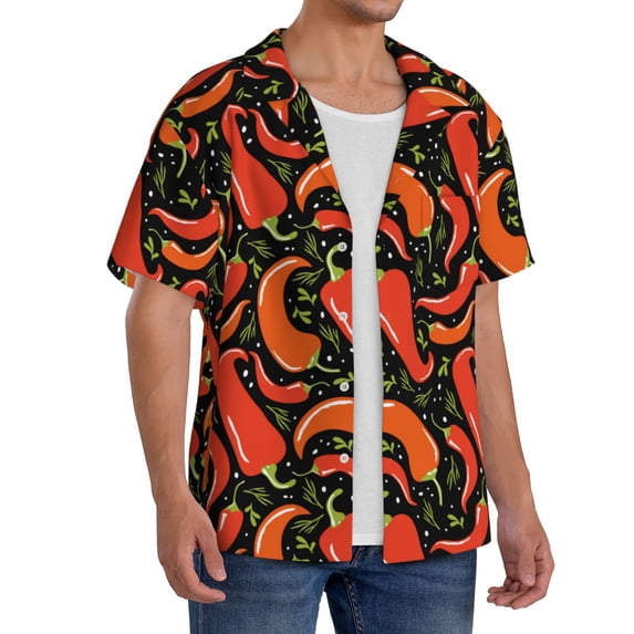 Lsque Red Hot Chili print Men's Cuban Collar Short Sleeve Shirt Summer Beachwear Casual Button Down Fashionable Vacation Leisure Shirt-XX-Large