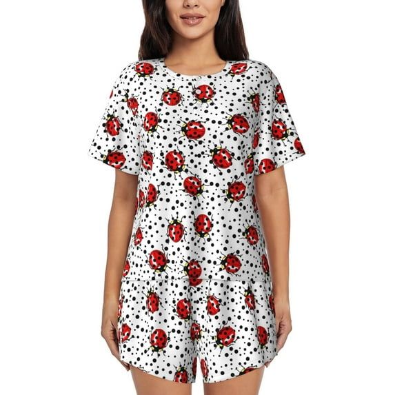 Lsque Red Ladybugs On Black Dotted Women's Short-Sleeved Pajama Set - 2 Piece Soft and Lightweight Sleepwear Set-3X-Large