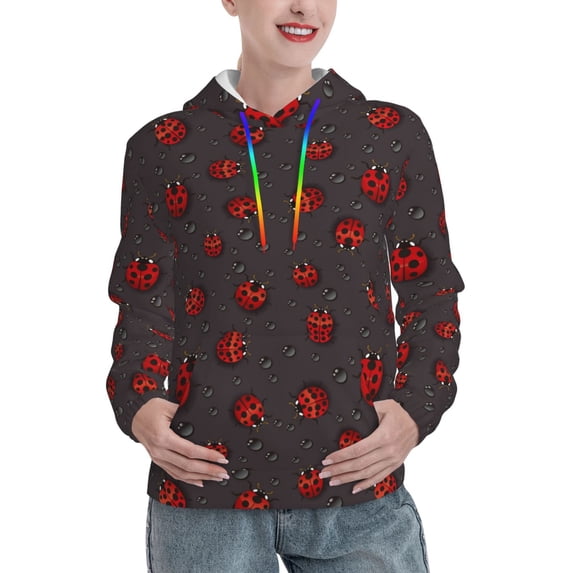 Lsque Red Ladybugs On Dark Background Pattern Casual Women's Hoodie,Hooded Sweatshirt with Kangaroo Pocket,Pullover Hoodie with Eye-catching Drawstrings-Small