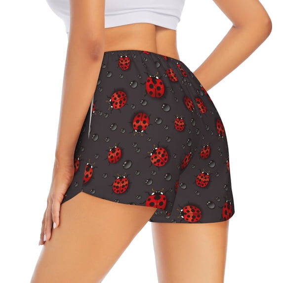 Lsque Red Ladybugs On Dark Background Printed Women's Running Shorts with Liner Pockets,Elastic Quick Dry Workout Athletic Gym Yoga Shorts,Womens High Waist Shorts-XX-Large