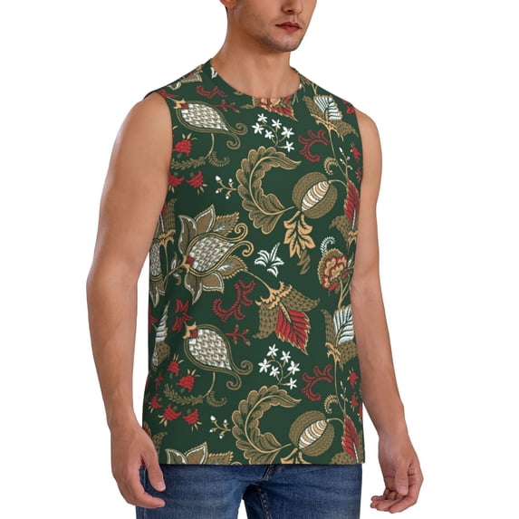 Lsque Red Leaves Print Men's Cotton Blend Sleeveless Muscle Shirts (S-3XL)- Moisture Wicking, Odor Protection, UPF 30+,Small
