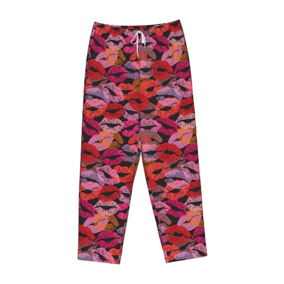 Lsque Red Lips Kissing Print Women's Pajama Pants, Lounge Pant - Comfortable Home Wear,Elastic Waistband, Stylish Design-Small