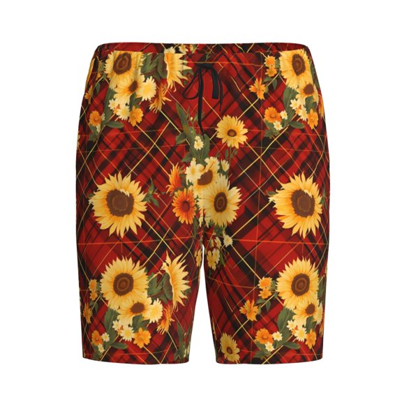 Lsque Red Plaid Sunflower Mens Sleep Pajama Shorts,Short Pajama Pants, Cotton Ultra-Soft Knit-Medium