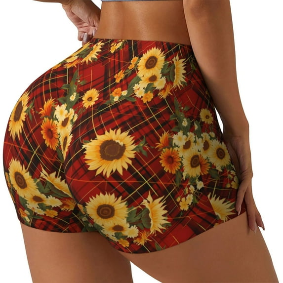 Lsque Red Plaid Sunflower Pattern High Waisted Biker Shorts for Women-Tummy Control Fitness Athletic Workout Running Yoga Gym Shorts,Moisture-Wicking-Medium