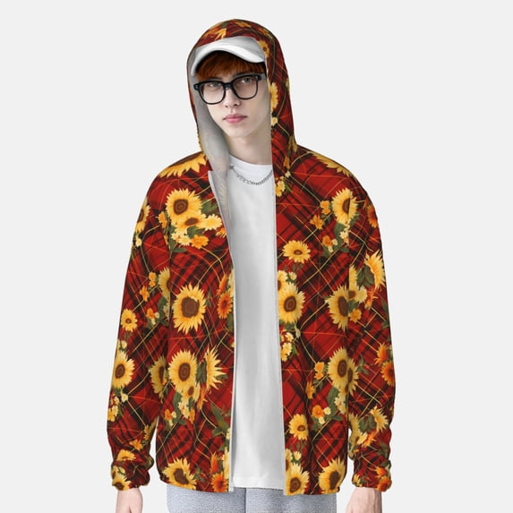 Lsque Red Plaid Sunflower UPF 50+ Lightweight Sun Protection Men's Women's Long Sleeve Shirt, Hoodie Performance -Small