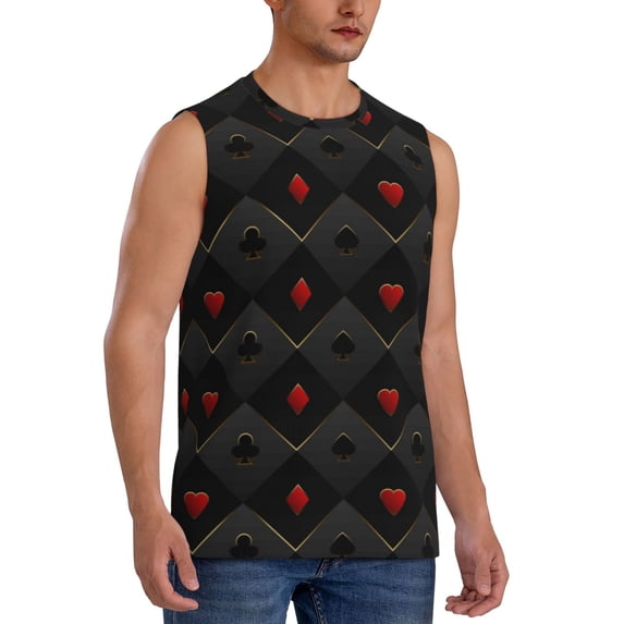 Lsque Red Poker Print Men's Cotton Blend Sleeveless Muscle Shirts (S-3XL)- Moisture Wicking, Odor Protection, UPF 30+,Large