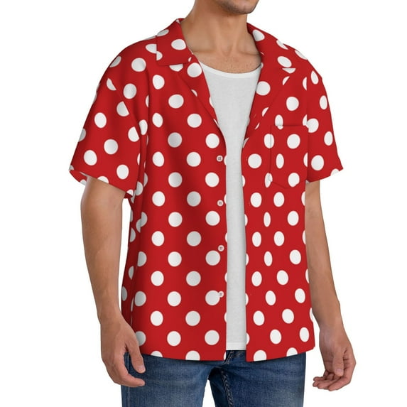 Lsque Red Polka Dot print Men's Cuban Collar Short Sleeve Shirt Summer Beachwear Casual Button Down Fashionable Vacation Leisure Shirt-XX-Large