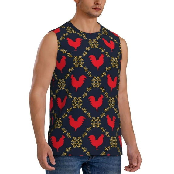 Lsque Red Rooster Print Men's Cotton Blend Sleeveless Muscle Shirts (S-3XL)- Moisture Wicking, Odor Protection, UPF 30+,Small