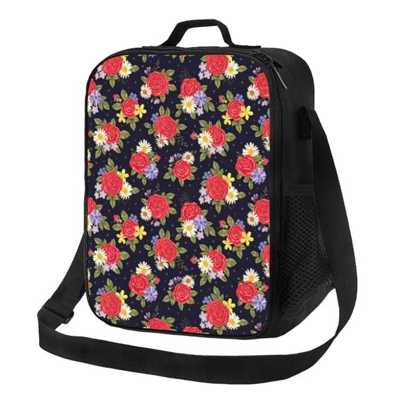 Lsque Red Rose Flower Lunch Bag Lunch Box for Women Men Reusable Insulated Lunch Tote Bag,Leakproof Thermal Cooler Sack Food Handbags Case High Capacity