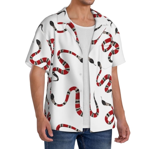 Lsque Red Snake print Men's Cuban Collar Short Sleeve Shirt Summer Beachwear Casual Button Down Fashionable Vacation Leisure Shirt-4X-Large