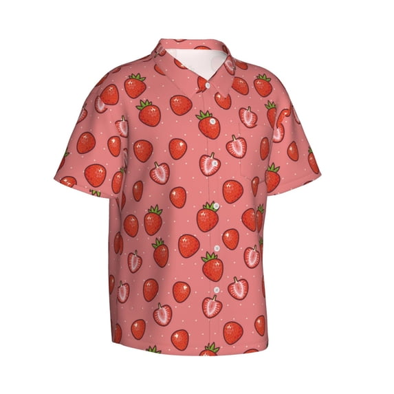 Lsque Red Strawberry pattern Hawaiian Shirt for Men, Unisex Summer Beach Casual Short Sleeve Button Down Shirts-Large