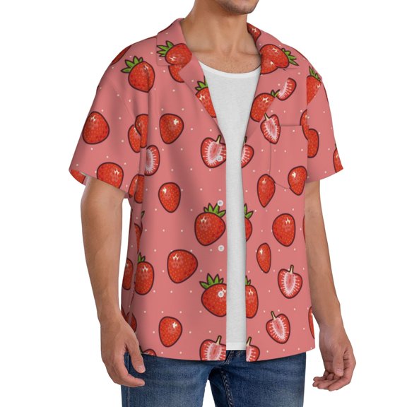 Lsque Red Strawberry print Men's Cuban Collar Short Sleeve Shirt Summer Beachwear Casual Button Down Fashionable Vacation Leisure Shirt-3X-Large