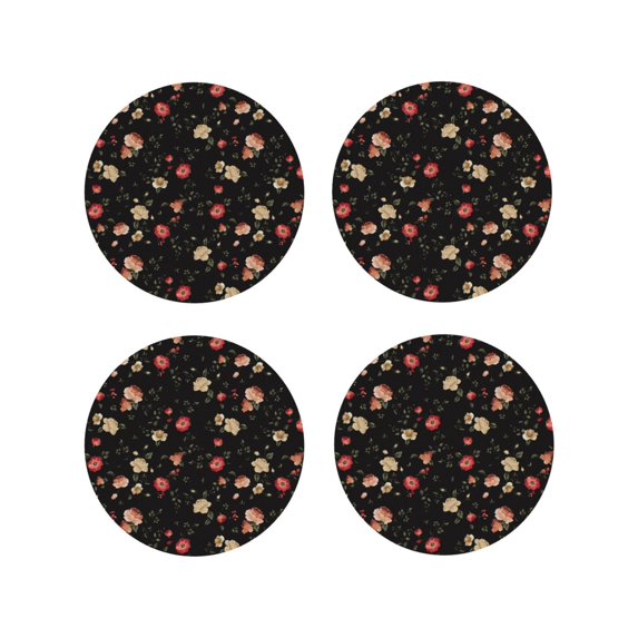 Lsque Red White Flowers Pattern 4" Drink Coasters Set of 4, PVC Leather Absorbent Coasters, Table Coaster Set Decorative Coffee Cup Coasters Housewarming Gift -Round Shape