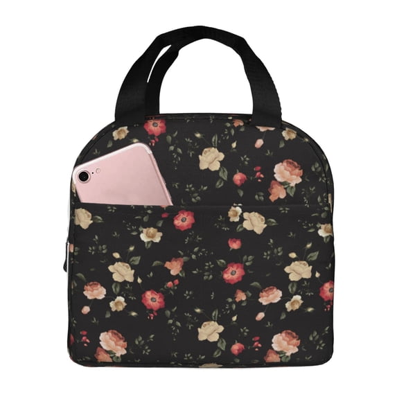 Lsque Red White Flowers Pattern Lunch Bag Women/Men Insulated Lunch Box,Small Leakproof Cooler Food Lunch Containers Reusable High Capacity Lunch Tote Bags