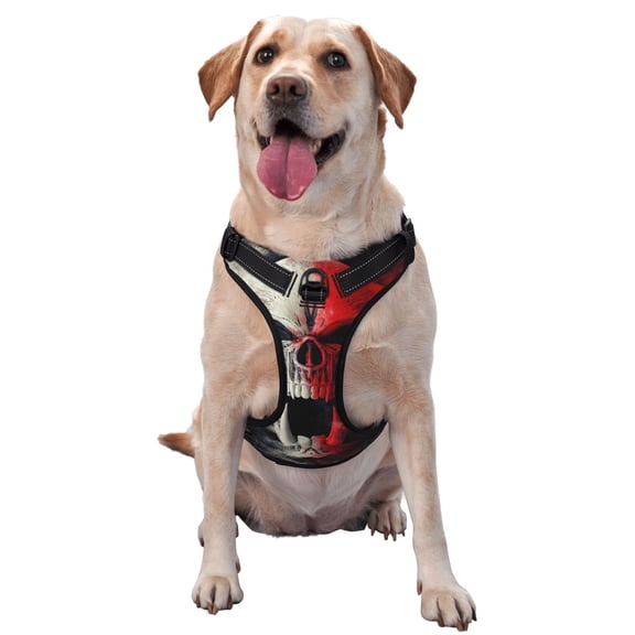 Lsque Red And White Screaming Demon Skull Dog Harness, No-Pull Pet Harness with 2 Leash Clips, Adjustable Soft Padded Dog Vest with Easy Control Handle for Large Dogs-