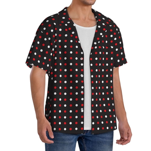 Lsque Red and white polka dots print Men's Cuban Collar Short Sleeve Shirt Summer Beachwear Casual Button Down Fashionable Vacation Leisure Shirt-X-Large