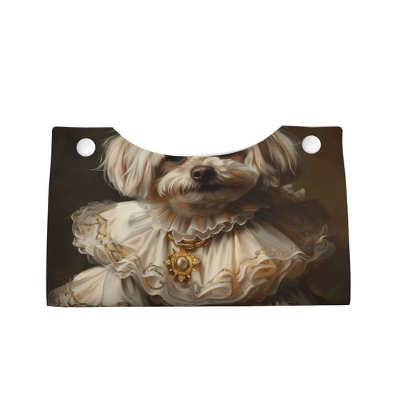 Lsque Regal Dog In Royal Attire Printed Long Tissue Box Cover Holder, Facial Paper Organizer Dispenser,Triangle with Bottom Belt, PVC Leather Decorative Organizer