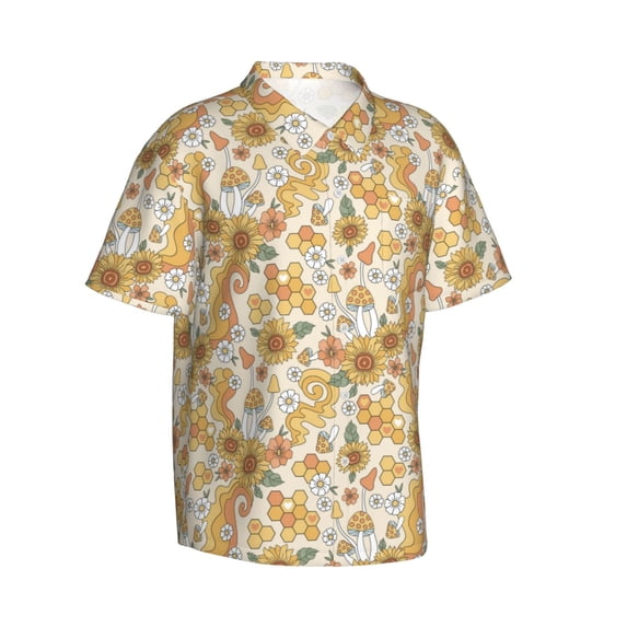 Lsque Retro 70s 60s Flower pattern Hawaiian Shirt for Men, Unisex Summer Beach Casual Short Sleeve Button Down Shirts-X-Large