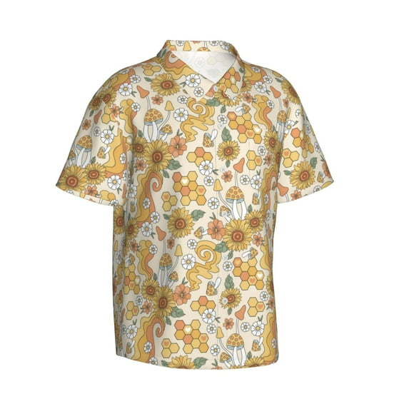 Lsque Retro 70s 60s Flower pattern Hawaiian Shirt for Men, Unisex Summer Beach Casual Short Sleeve Button Down Shirts-XX-Large