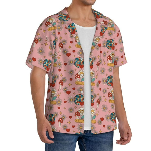 Lsque Retro 70s 60s Hippie Flower print Men's Cuban Collar Short Sleeve Shirt Summer Beachwear Casual Button Down Fashionable Vacation Leisure Shirt-X-Large