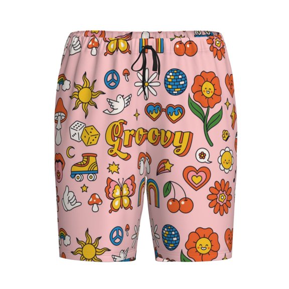 Lsque Retro 70s Hippie Mens Sleep Pajama Shorts,Short Pajama Pants, Cotton Ultra-Soft Knit-Small