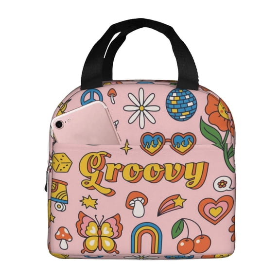 Lsque Retro 70s Hippie Pattern Lunch Bag Women/Men Insulated Lunch Box,Small Leakproof Cooler Food Lunch Containers Reusable High Capacity Lunch Tote Bags