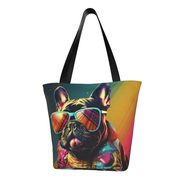 Lsque Retro Bulldog Sunglasses Pattern Beach Tote,Shoulder Handbag,Spacious Tote Bag,Lightweight Travel Bag,Versatile Shopping Bag