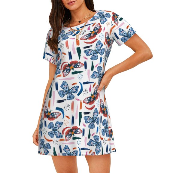 Lsque Retro Butterfly Pattern Nightgowns for Women Sleep Shirts Short Sleeve Nightshirt Pullover Nightdress Soft Sleepwear Relaxed Fit Nightdress