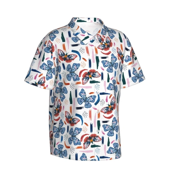 Lsque Retro Butterfly pattern Hawaiian Shirt for Men, Unisex Summer Beach Casual Short Sleeve Button Down Shirts-3X-Large