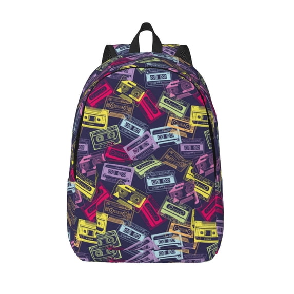 Lsque Retro Cassette Music Pattern Canvas Daypack, Durable Backpack, High-quality Versatile Backpack,Vintage Compact Backpack-Small