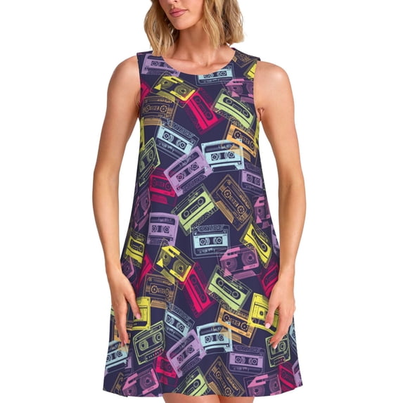 Lsque Retro Cassette Music Pattern Summer Dresses for Women – Sleeveless T-Shirt Swing Sundress, Perfect for the Beach and Casual Days
