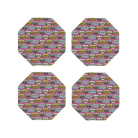 Lsque Retro Cassette Pattern 4" Drink Coasters Set of 4, PVC Leather Absorbent Coasters, Table Coaster Set Decorative Coffee Cup Coasters Housewarming Gift -Octagon