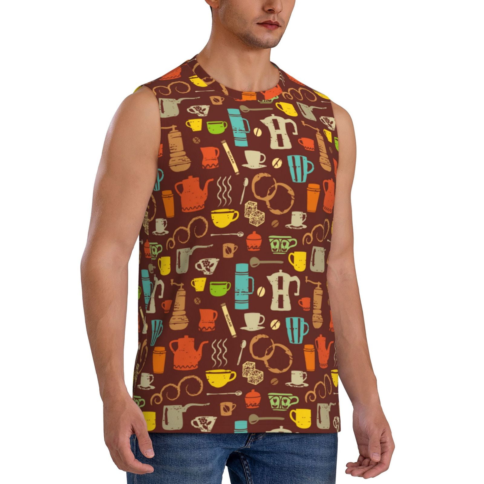 Lsque Retro Coffee Print Men's Cotton Blend Sleeveless Muscle Shirts (S ...