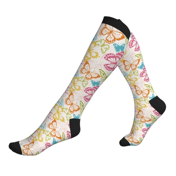 Lsque Retro Colorful Butterfly Pattern Sport Compression Socks for Men & Women 15-20 mmHg Knee High Nurse Pregnant Running Medical and Travel Athletic
