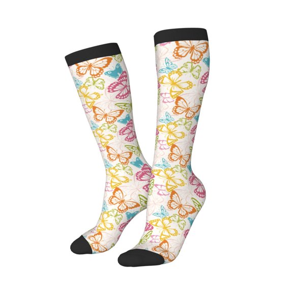 Lsque Retro Colorful Butterfly Printed Crew Socks Men's Women's LightWeight Thin Casual Calf Socks ,Knee High Socks,Cotton Socks
