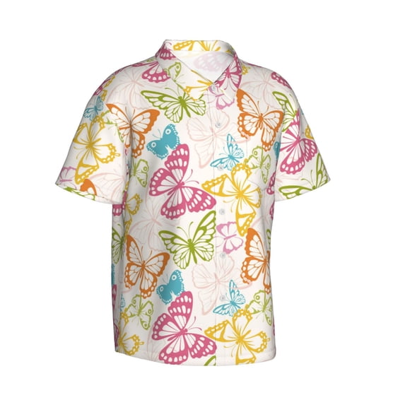 Lsque Retro Colorful Butterfly pattern Hawaiian Shirt for Men, Unisex Summer Beach Casual Short Sleeve Button Down Shirts-Large