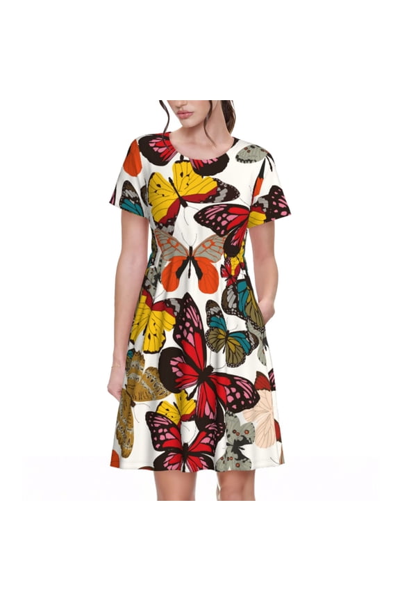 Retro Floral Butterfly Print Women's Casual Dress T-Shirt Summer Short Sleeve Scoop Neck Swing Dresses