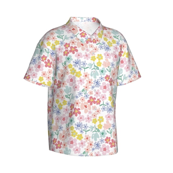 Lsque Retro Floral pattern Hawaiian Shirt for Men, Unisex Summer Beach Casual Short Sleeve Button Down Shirts-Small