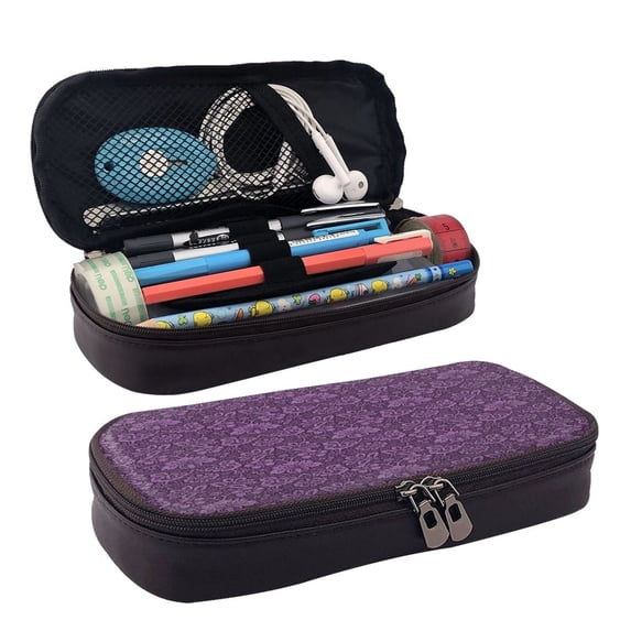 Lsque Retro Florals Purple Printed Big Capacity PU Leather Pencil Case Large Pencil Pouch Stationery Pen Bag Pencil Holder for Teen