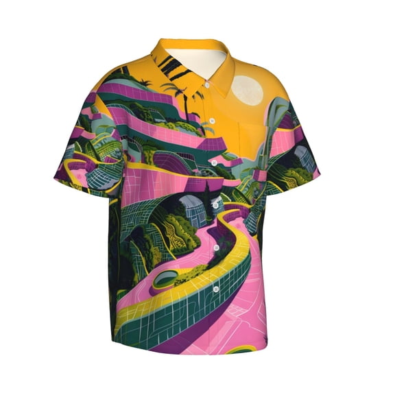 Lsque Retro Futuristic Landscape pattern Hawaiian Shirt for Men, Unisex Summer Beach Casual Short Sleeve Button Down Shirts-3X-Large